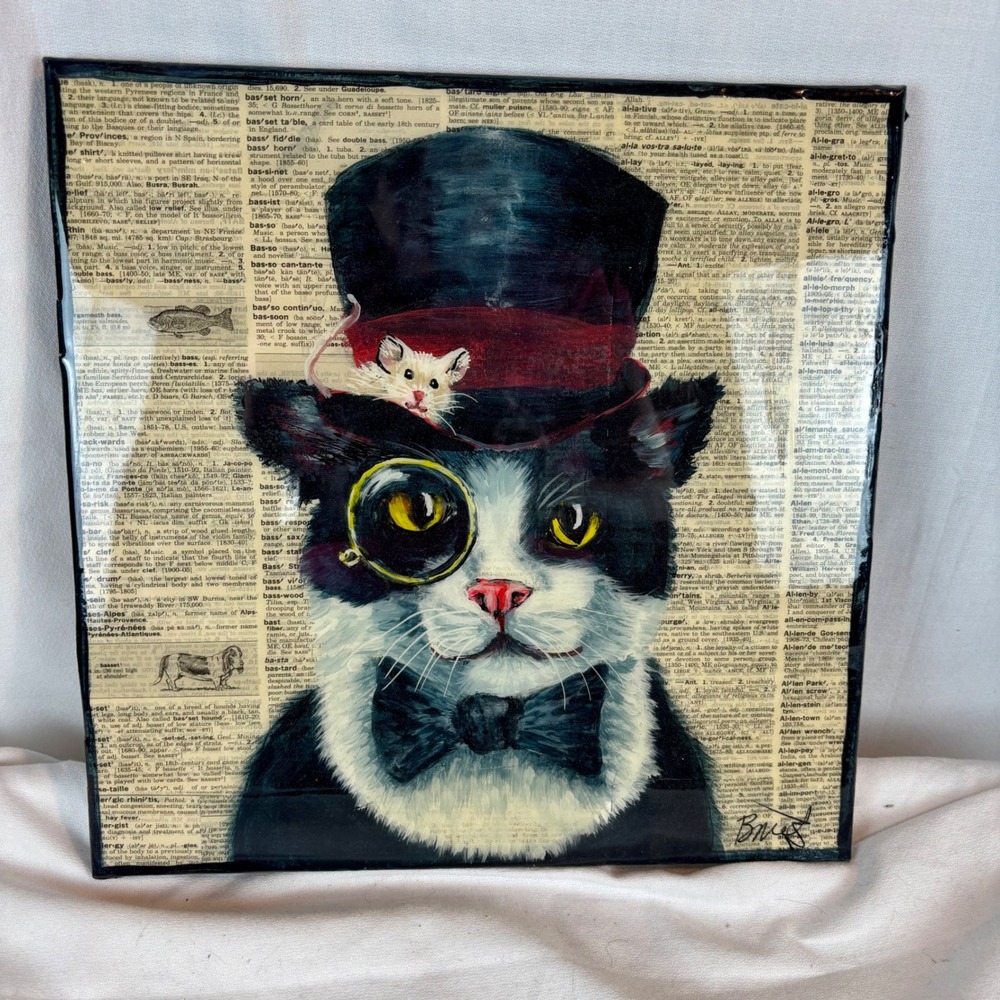 Artfully Done Pet Portraits Tuxedo Cat Top Hat Monocle Mixed Media Art 12x12